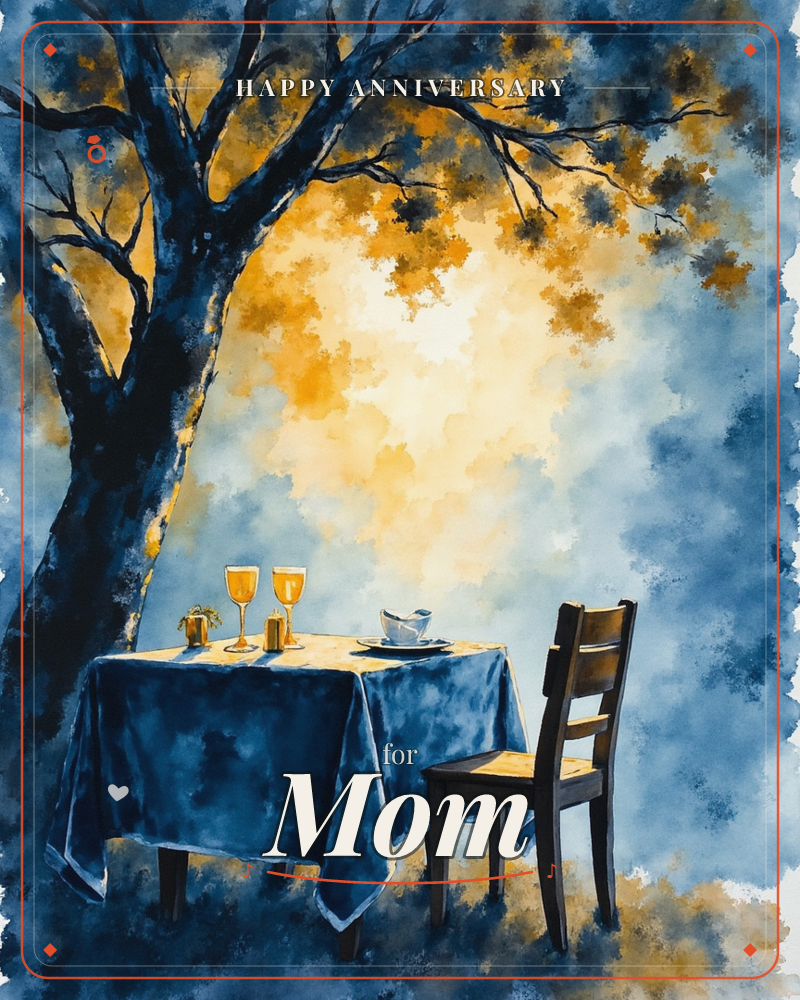 A small table set with wine glasses and a teacup stands beneath a gnarled tree, its canopy glowing amber against deep indigo shadow, a anniversary e-card design