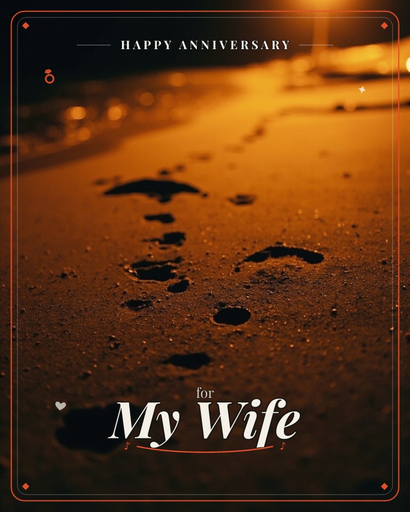 A close-up photograph of bare footprints trailing across wet sand at night, glowing amber under warm artificial light with the dark shoreline blurred…, a anniversary e-card design