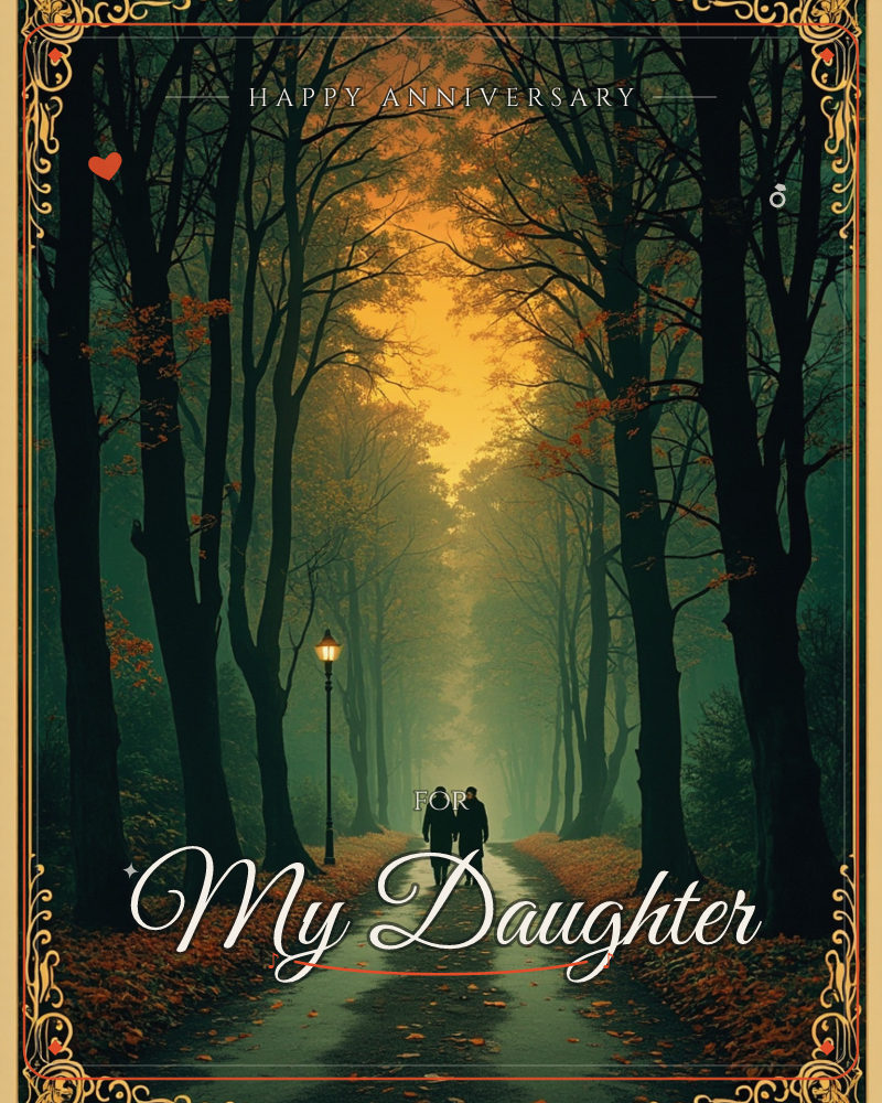 A misty forest avenue glows amber at its far end, where two silhouetted figures walk arm in arm along a leaf-strewn path, a anniversary e-card design