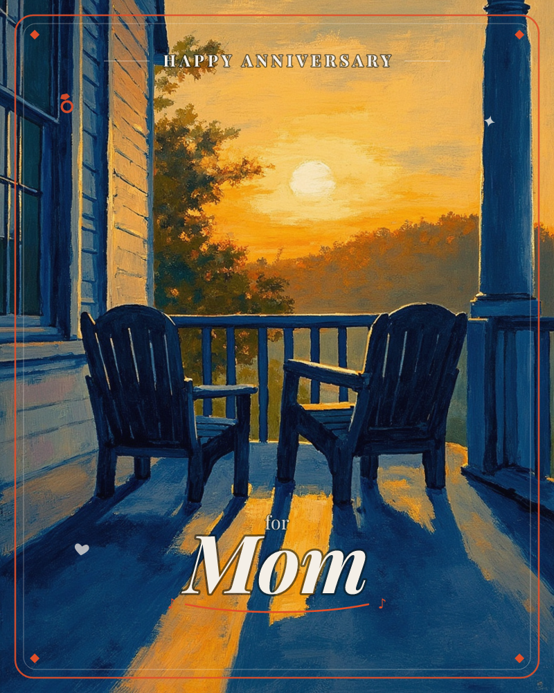 A painted porch scene shows two empty wooden chairs facing a glowing sunset over distant hills, their shadows stretching long across the floorboards, a anniversary e-card design
