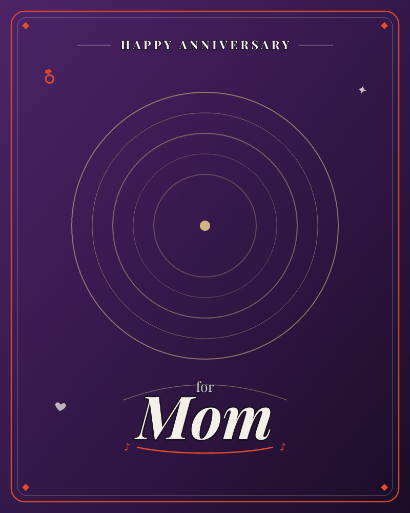 A deep purple background glows softly around a set of thin gold concentric circles, centred on a single small gold dot like a distant sun or planet, a anniversary e-card design by @DittyCityTeam