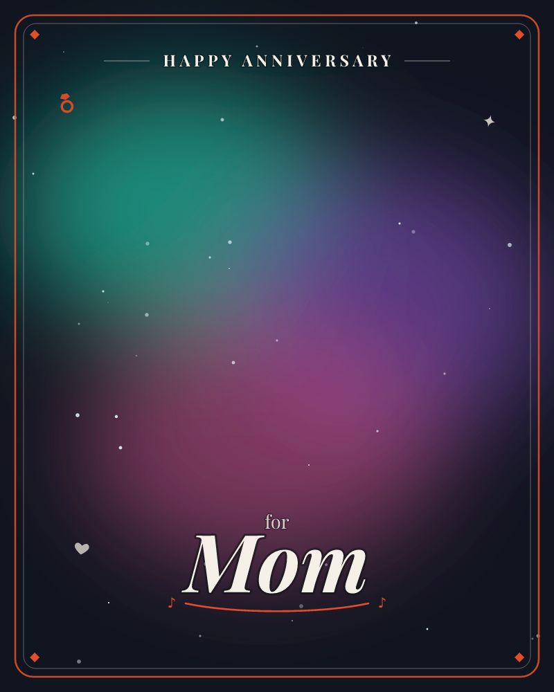 A soft glow of aurora-like light drifts across a night sky, shifting from teal green at the top through violet into deep magenta below, a anniversary e-card design by @DittyCityTeam