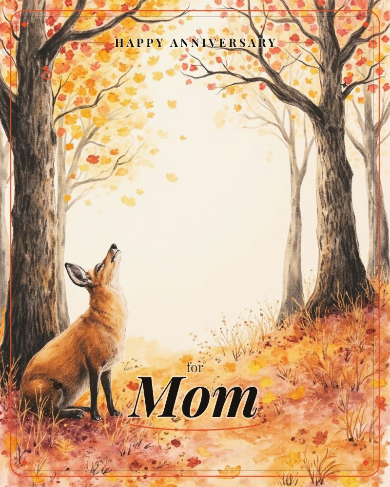 A red fox sits at the edge of an autumn wood, head tilted up to watch leaves drift down from the canopy above, a anniversary e-card design