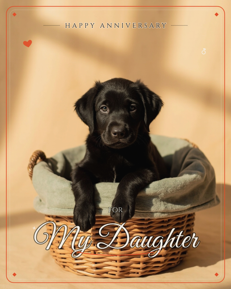 A black Labrador puppy rests its paws over the rim of a woven wicker basket lined with a soft sage cloth, gazing straight at the camera, a anniversary e-card design