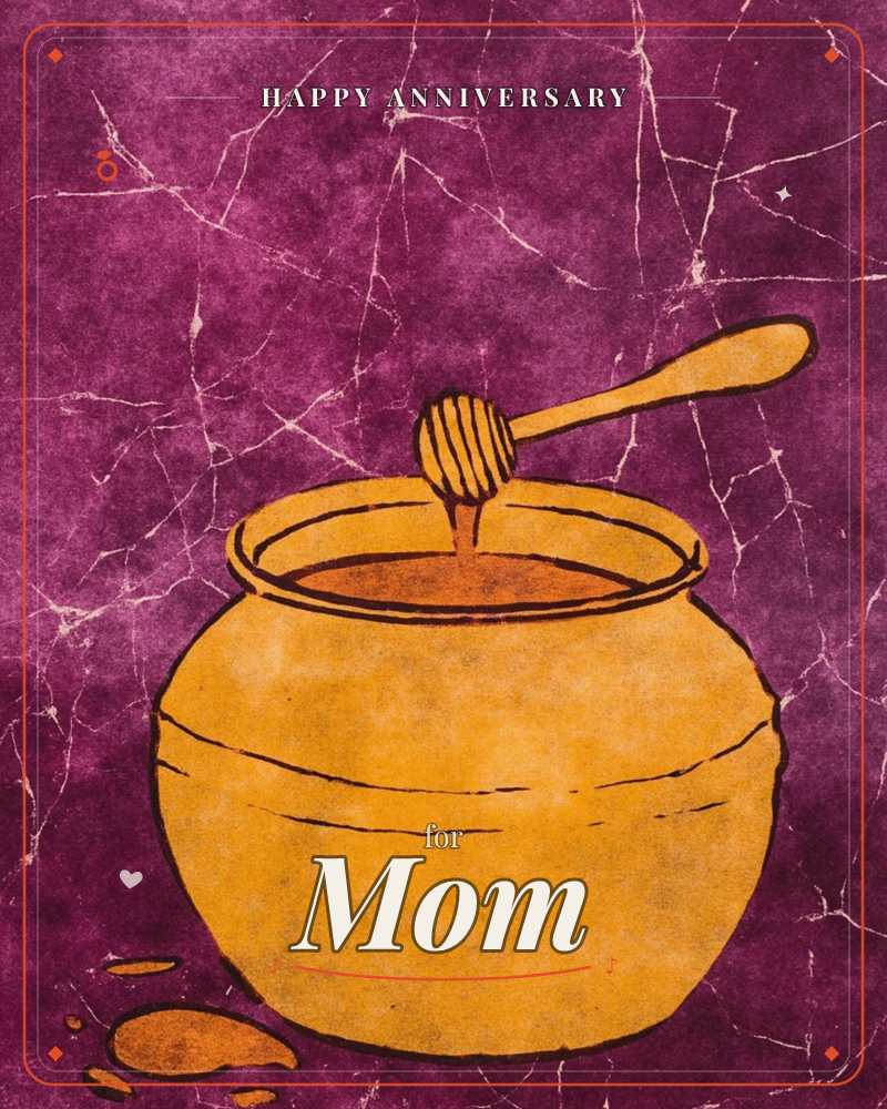 A round golden honey pot sits against a deep magenta background covered in fine cracked, batik-like lines, a anniversary e-card design