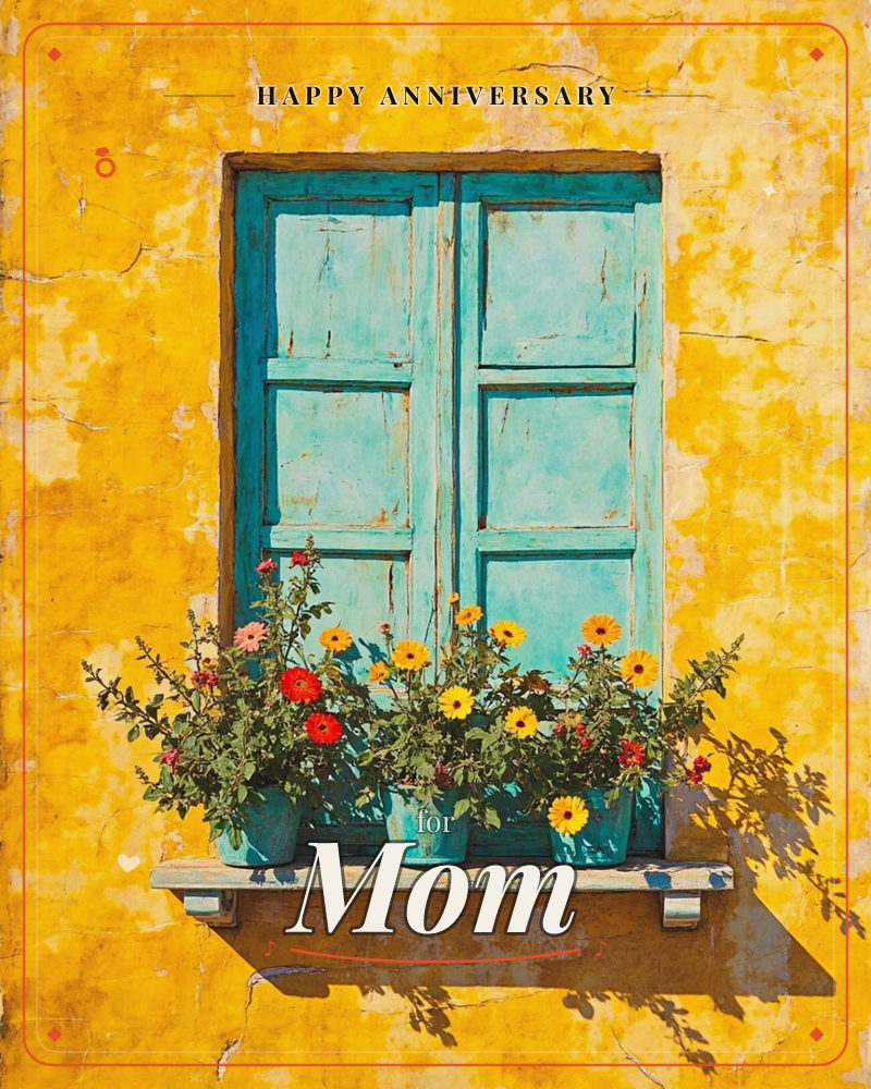 A weathered turquoise shutter is closed against a sun-baked ochre wall, its paint flaking to reveal old wood beneath, a anniversary e-card design
