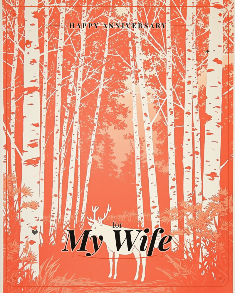 A tall stag stands quietly among slender birch trunks, its antlers catching the light of a burnt-orange sky glowing behind the forest, a anniversary e-card design