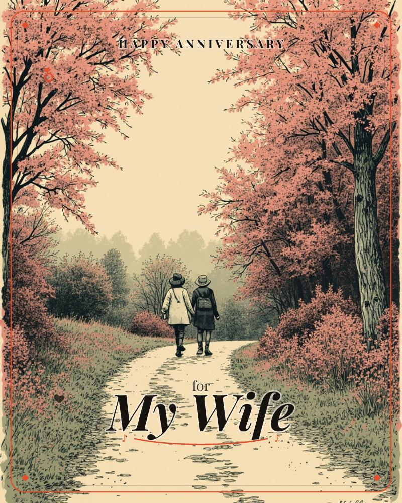 Two figures in hats walk hand in hand down a hazy path, framed by trees heavy with dusty pink blossom on both sides, a anniversary e-card design