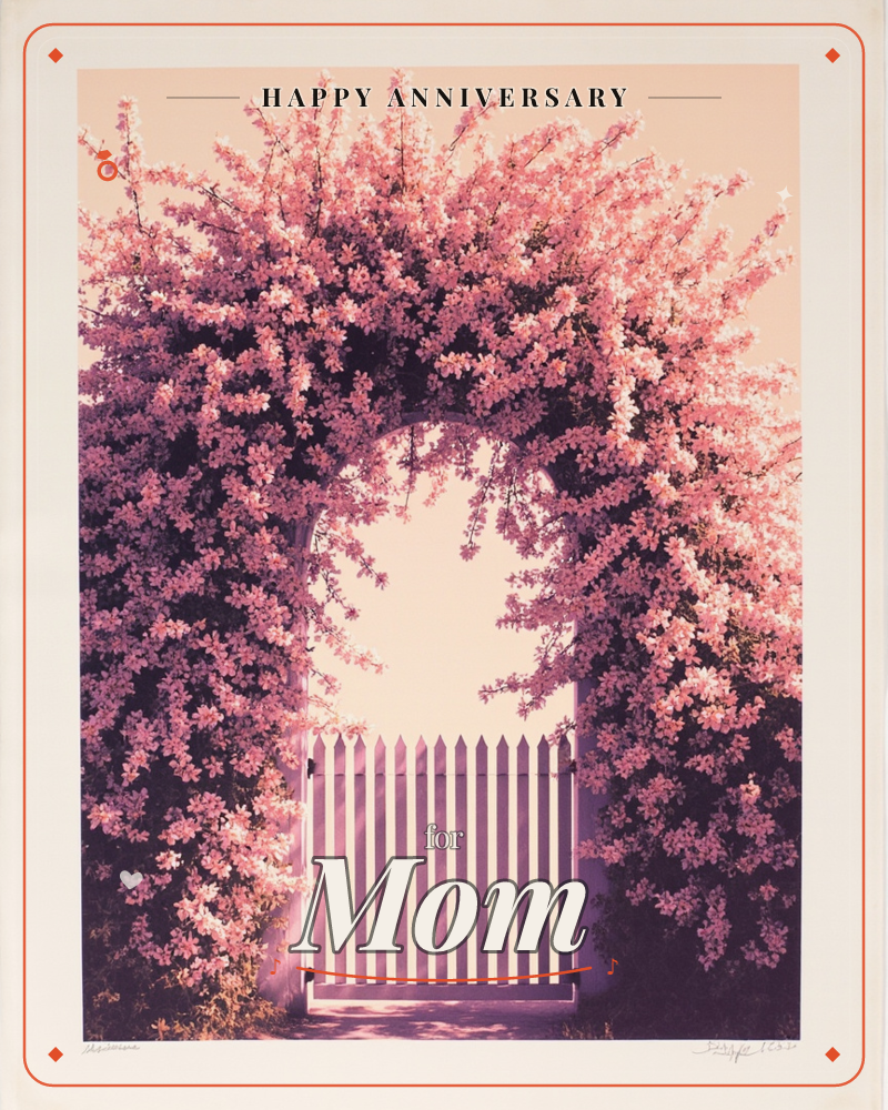 A white picket gate stands closed beneath an archway completely overtaken by cascading pink blossoms, the flowers spilling down both sides like a curtain, a anniversary e-card design