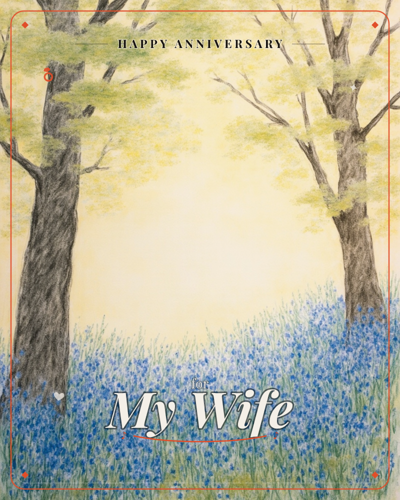 Two tall trees with soft yellow-green leaves frame a glowing golden sky, their trunks rising from a carpet of blue wildflowers, a anniversary e-card design