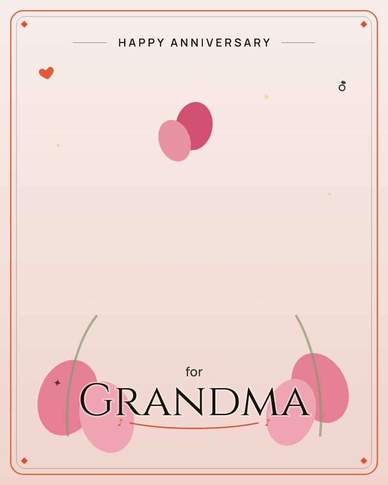 A soft blush background frames simple overlapping oval shapes resembling cherries or berries, paired at the bottom corners with curling green stems…, a anniversary e-card design by @DittyCityTeam