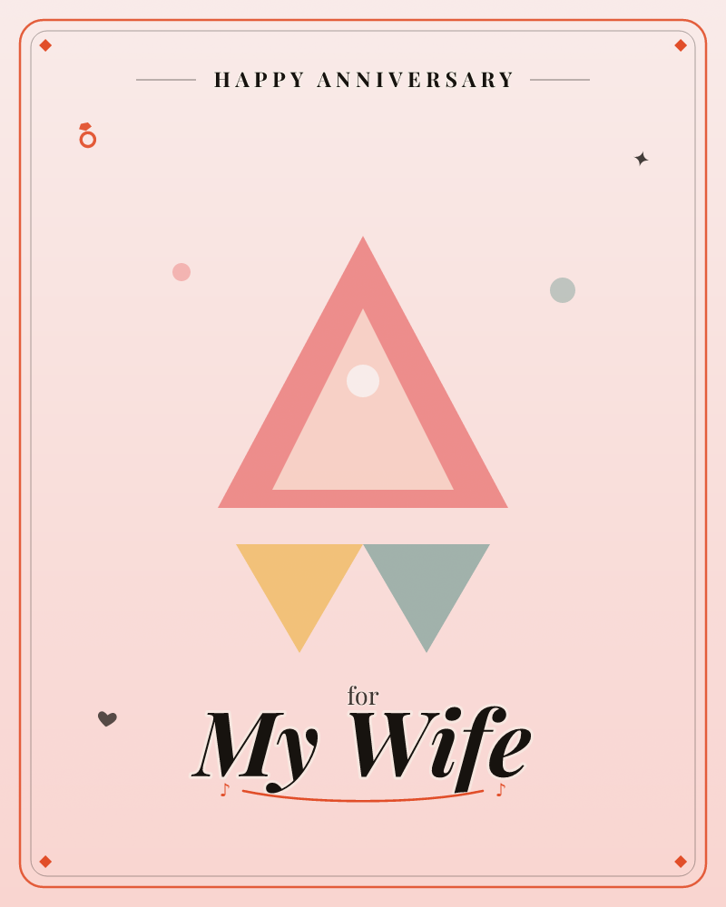 A large coral triangle outlined in soft pink stands like a simple mountain peak, with a small cream circle glowing near its tip like a rising sun, a anniversary e-card design by @DittyCityTeam