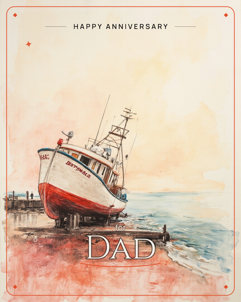 A red and white fishing boat sits propped up on wooden supports along a sandy shoreline, its hull grounded well above the lapping blue-grey water, a anniversary e-card design
