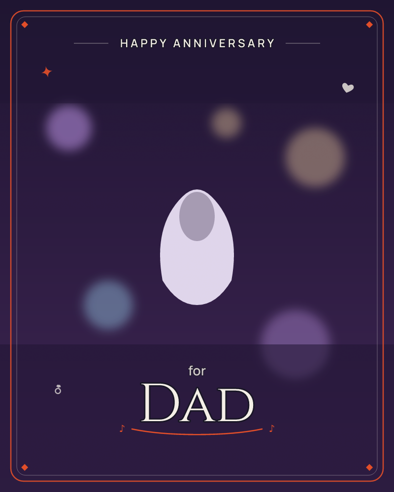 A single pale, glowing orb hovers at the centre of a deep purple night, surrounded by soft blurred circles of light in lavender, dusty blue and warm amber, a anniversary e-card design by @DittyCityTeam