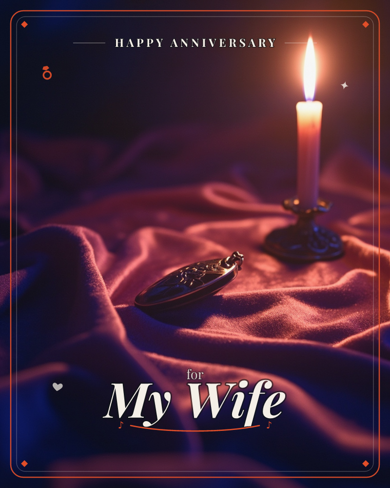 A single lit candle stands in an ornate brass holder atop deep folds of rumpled velvet, its flame casting a warm glow against near-black shadow, a anniversary e-card design