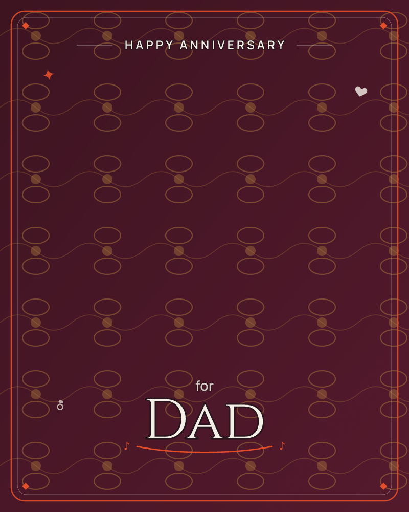 A deep wine-red background is covered in a repeating gold-line pattern of linked ovals and dots, like a strand of beads or a decorative wallpaper motif, a anniversary e-card design by @DittyCityTeam