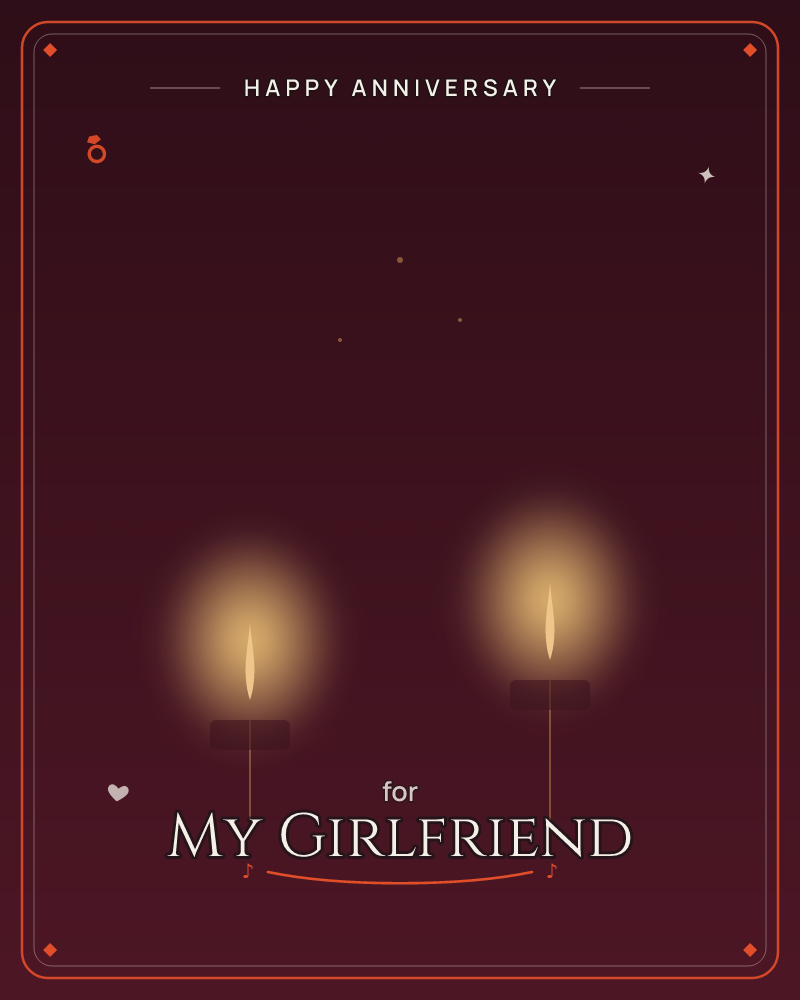 Two candles glow side by side against a deep maroon darkness, their flames haloed in warm gold light, a anniversary e-card design by @DittyCityTeam