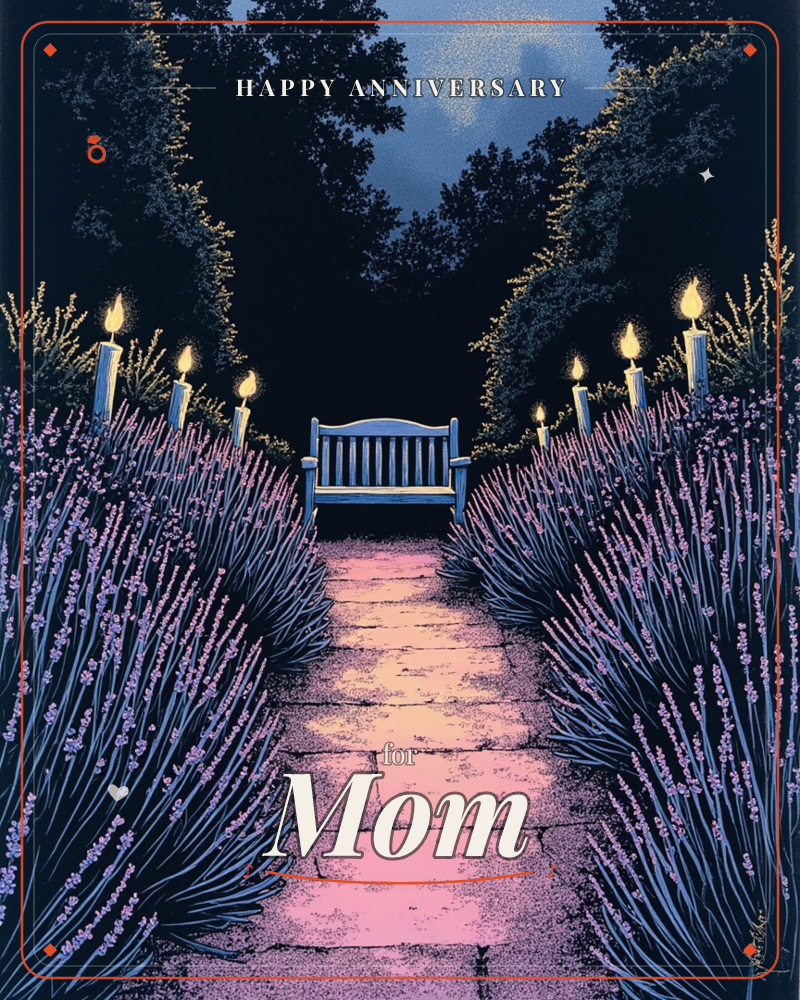A stone path glows warm under candlelight, flanked by tall rows of lavender leading to an empty garden bench beneath dark, leafy trees, a anniversary e-card design