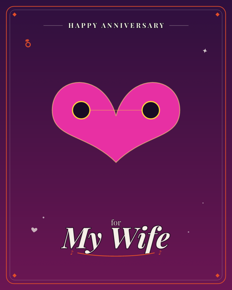 A single glowing pink heart floats against a deep purple-to-black night sky, its neon-yellow outline broken by two odd dark buttonhole circles…, a anniversary e-card design by @DittyCityTeam
