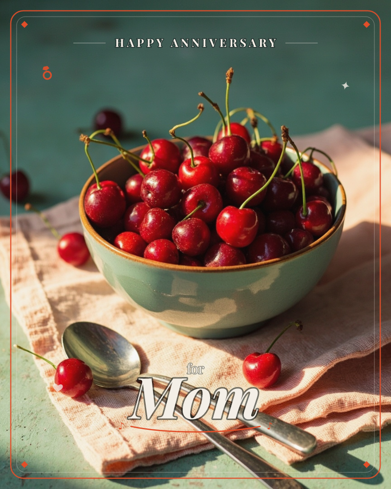 A pale green ceramic bowl brims with glossy red cherries, their stems curling upward, set on a rumpled linen cloth beside an old spoon, a anniversary e-card design