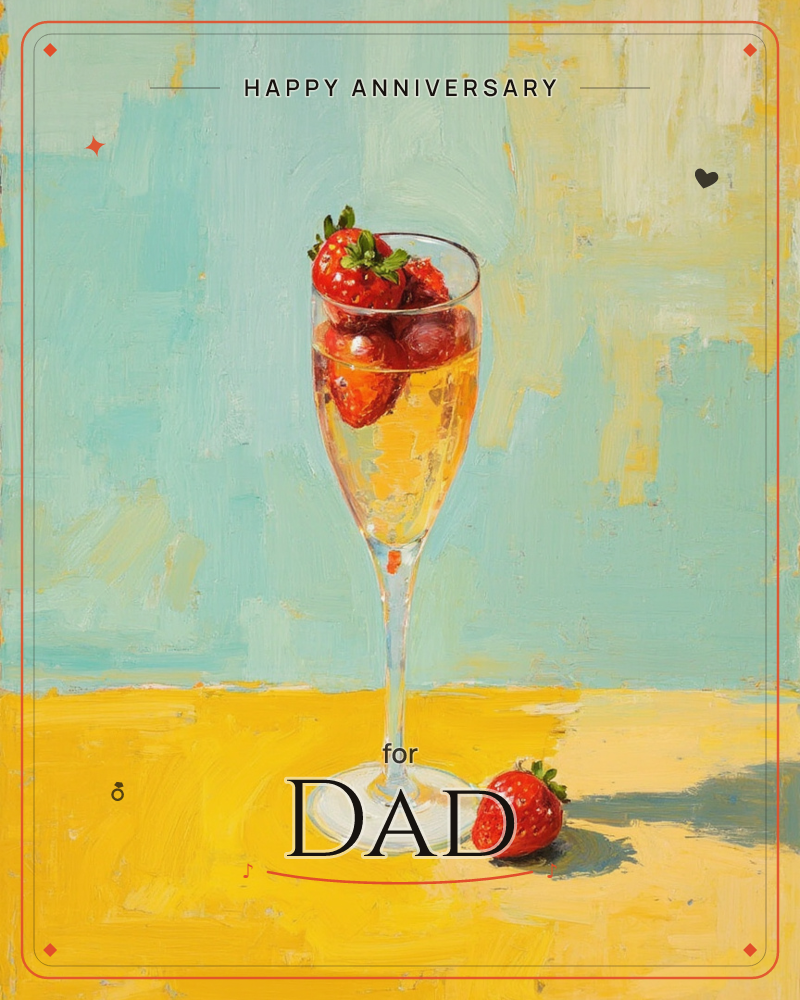 A tall champagne flute filled with pale golden bubbly and ripe strawberries sits on a mustard-yellow surface, a single strawberry resting beside it in…, a anniversary e-card design