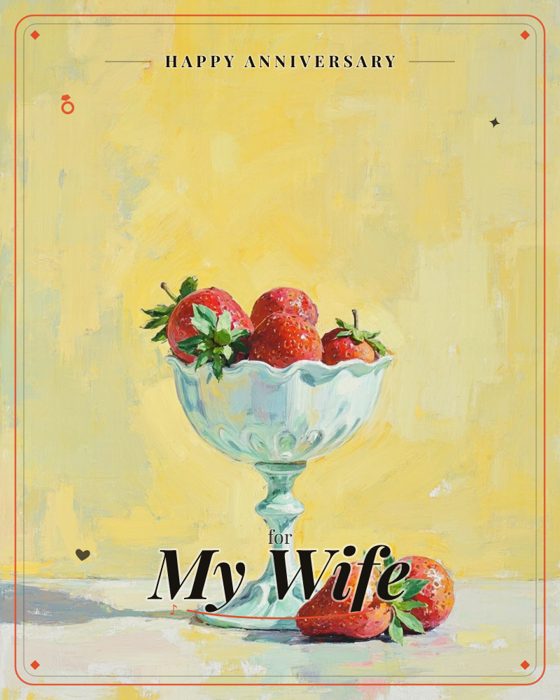 A pale mint-glass pedestal bowl holds a small pile of ripe strawberries, with two more resting on the tabletop beside its base, a anniversary e-card design