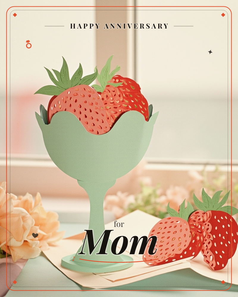 A paper-craft sundae glass in sage green holds a heap of layered strawberries with pointed green leaves, cut from bright cardstock, a anniversary e-card design