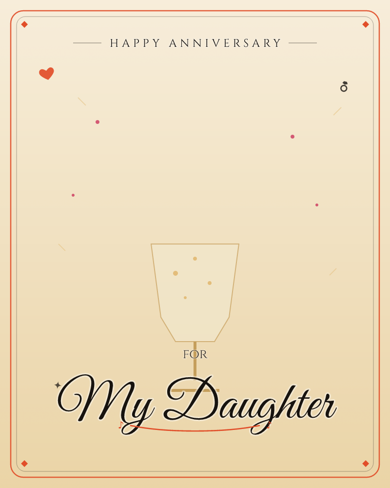 A single line-drawn goblet stands on a warm sepia gradient background, its faceted bowl catching scattered tiny gold and pink flecks like drifting light, a anniversary e-card design by @DittyCityTeam