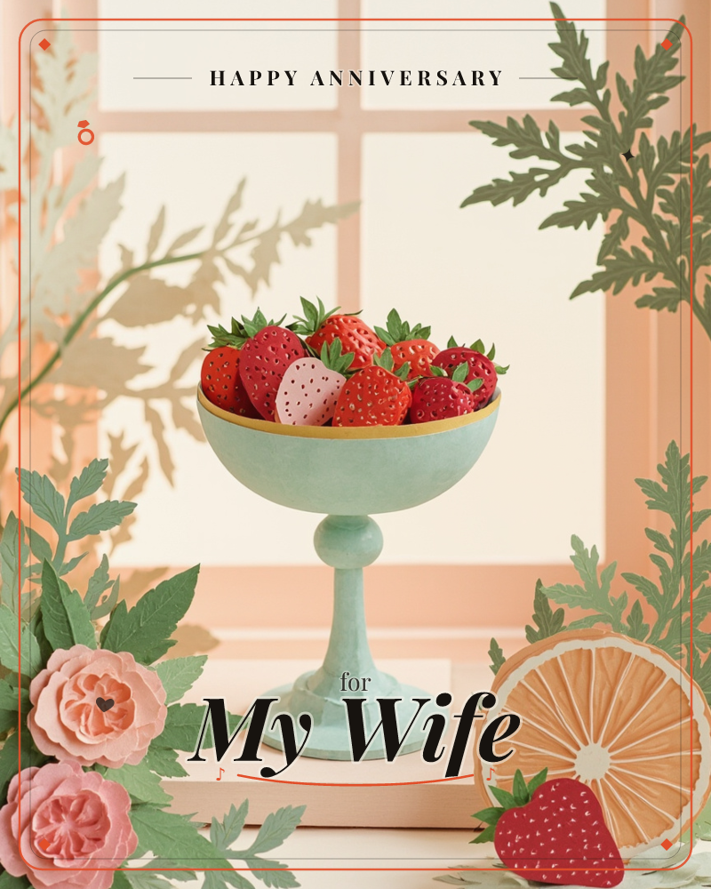 A pale mint pedestal bowl brims with plump strawberries, one blushed nearly white, set on a windowsill washed in warm afternoon light, a anniversary e-card design
