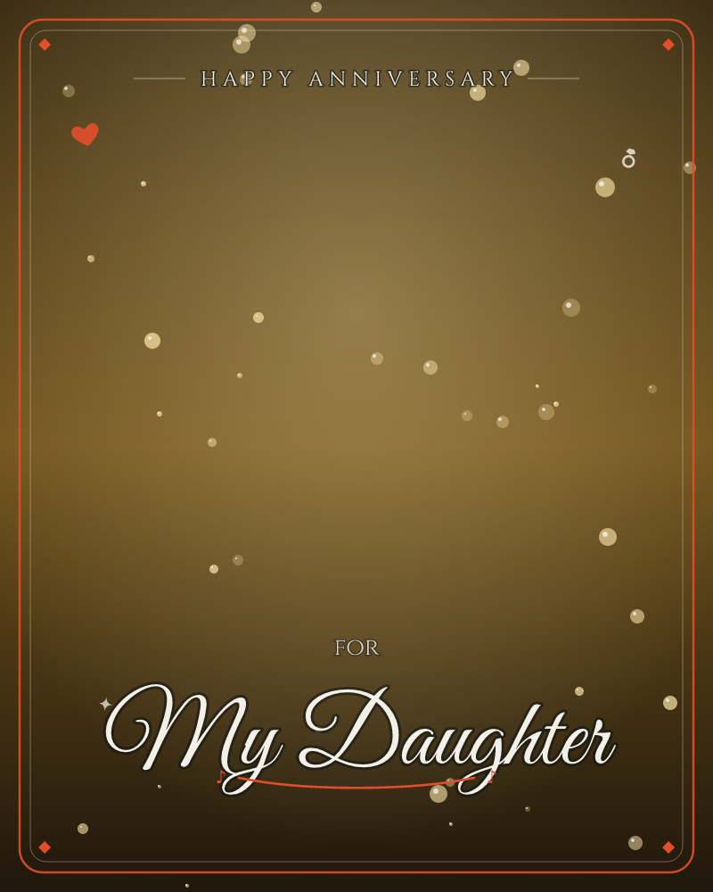 A warm bronze-brown glow fades into darkness at the top and bottom of the card, scattered with soft golden specks like drifting embers or distant stars, a anniversary e-card design by @DittyCityTeam