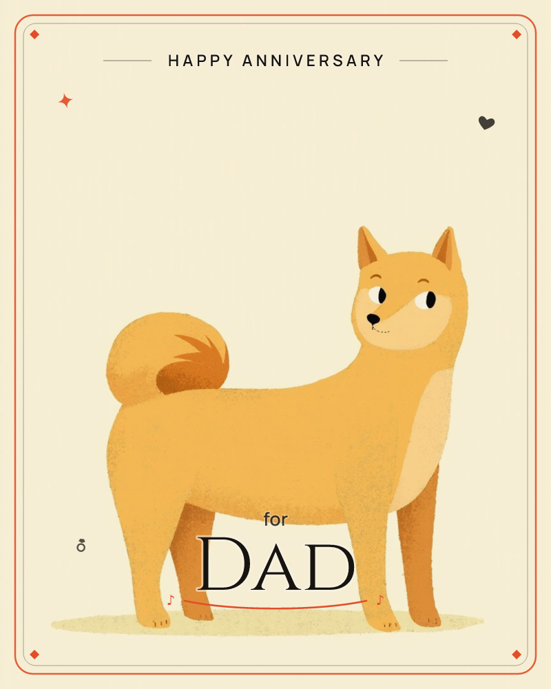 A golden Shiba Inu stands in profile against a soft glowing spotlight, its curled tail and pointed ears rendered in warm textured orange tones, a anniversary e-card design