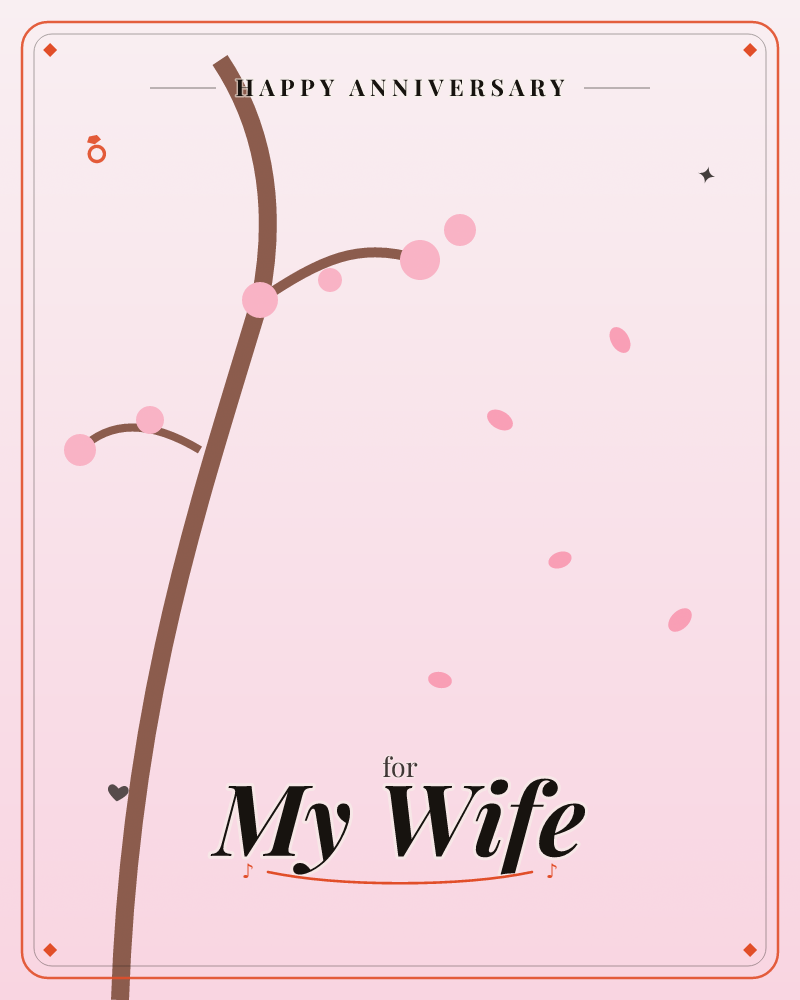 A simple brown branch curves up the left side of the card, dotted with round pink blossom buds, while loose petals drift across a soft pink background, a anniversary e-card design by @DittyCityTeam