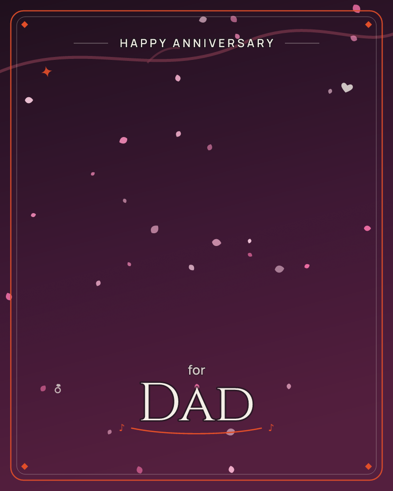 A deep plum-to-black sky is scattered with small pink and pale flecks like drifting petals or distant sparks, with a single thin wavy line tracing…, a anniversary e-card design by @DittyCityTeam