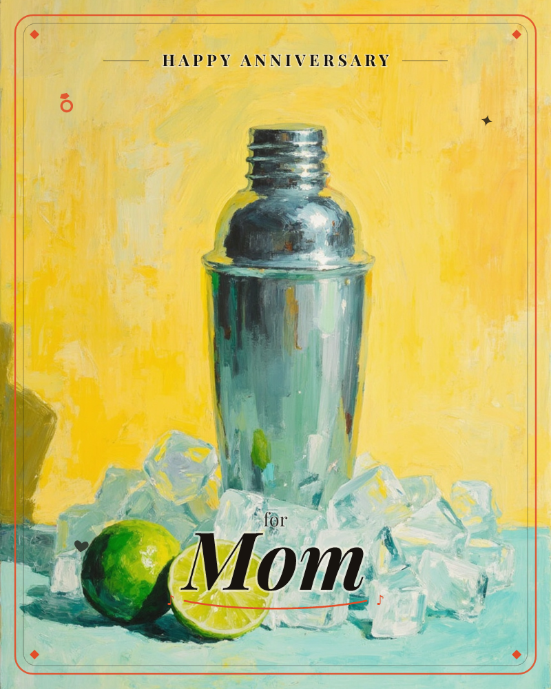 A gleaming metal cocktail shaker stands surrounded by scattered ice cubes and two limes, one cut in half, against a bold sunny yellow backdrop with a…, a anniversary e-card design