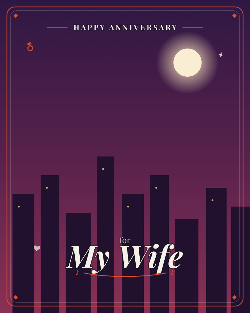 A city skyline sits in silhouette beneath a deep plum-to-black night sky, each building marked by a single lit window, a anniversary e-card design by @DittyCityTeam
