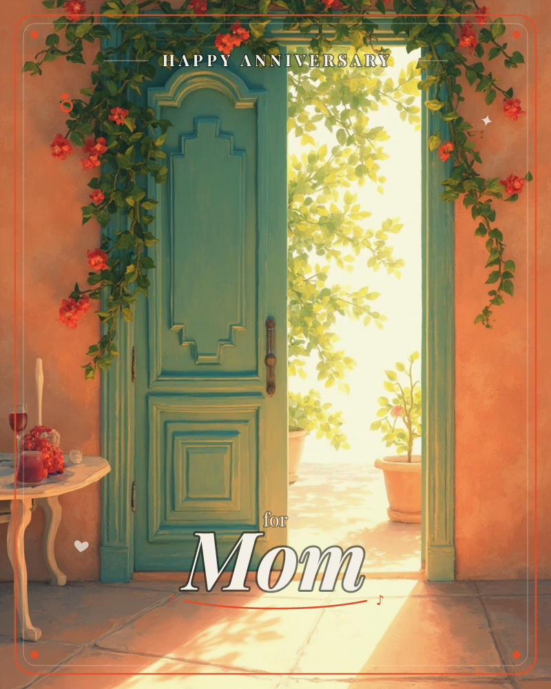 A weathered turquoise door stands open in a terracotta-coloured wall, framed by trailing green vines and small red blossoms, a anniversary e-card design
