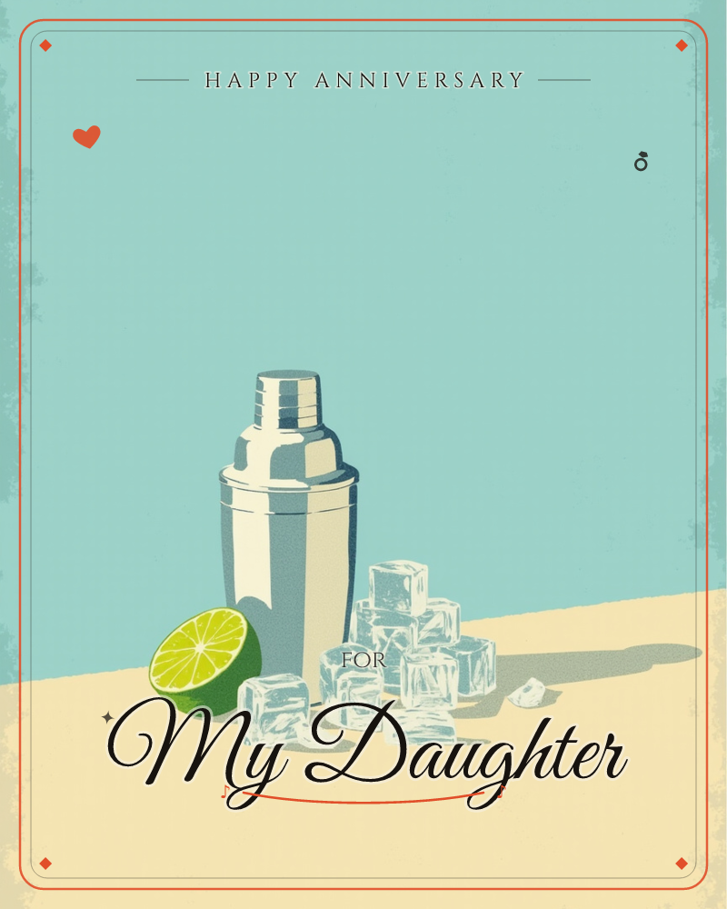A silver cocktail shaker stands on a pale tan surface against a soft teal background, flanked by a scattering of ice cubes and a halved lime, a anniversary e-card design