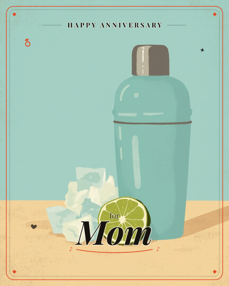 A teal cocktail shaker with a brushed metal cap stands on a sandy tabletop, next to a small pile of ice cubes and a halved lime, a anniversary e-card design