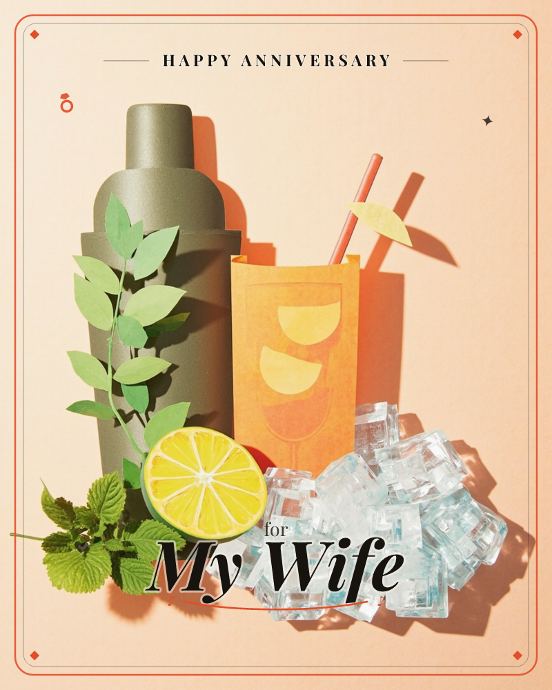 A paper-craft still life shows a metallic cocktail shaker beside an orange glass printed with citrus-slice patterns, fitted with a striped straw and…, a anniversary e-card design