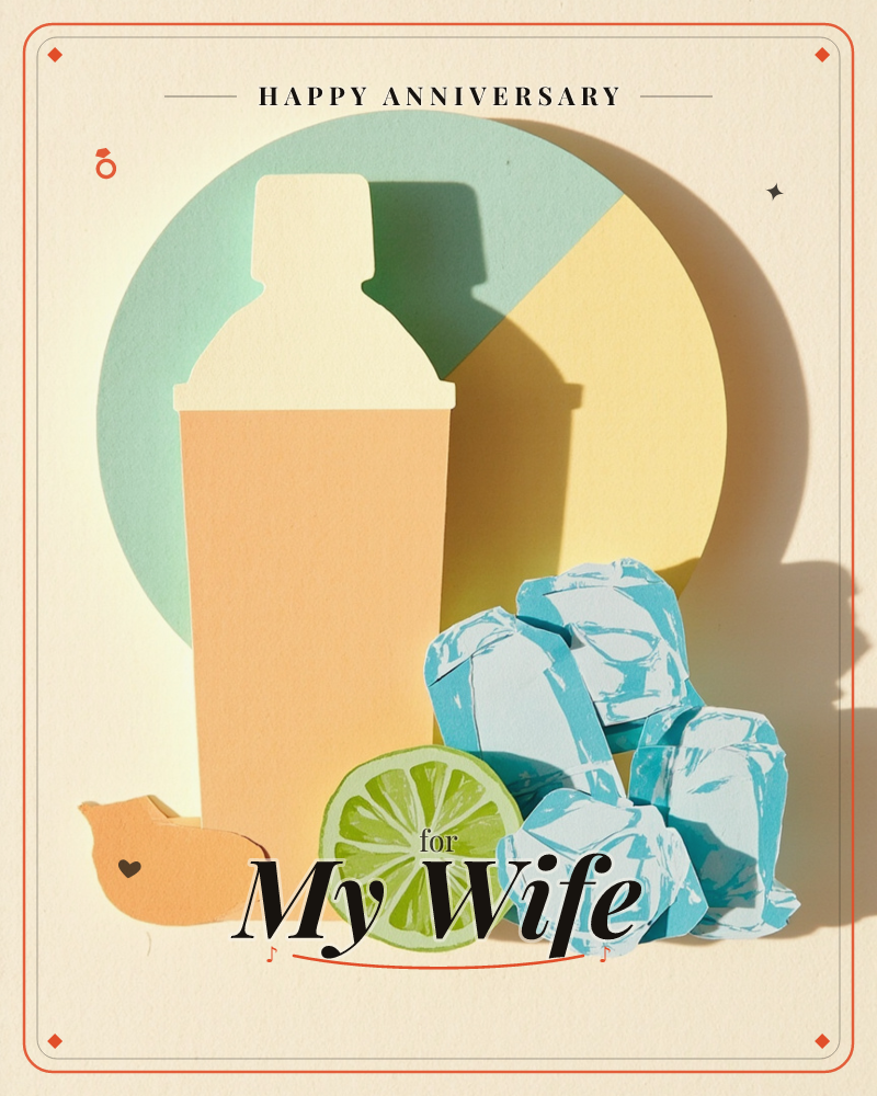 A paper-craft cocktail shaker stands peach-colored against a circular backdrop split into mint and pale yellow, its cut-paper shadow slanting sharply…, a anniversary e-card design