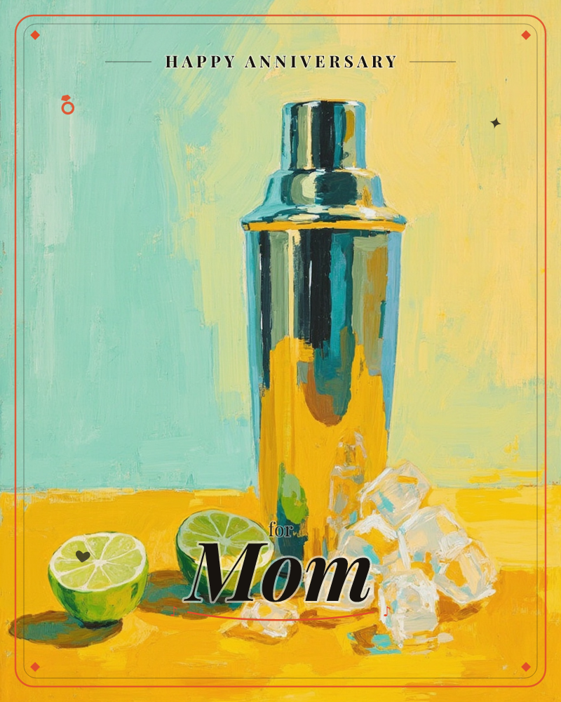 A metal cocktail shaker gleams on a mustard-yellow tabletop against a wall split between teal and warm gold light, a anniversary e-card design