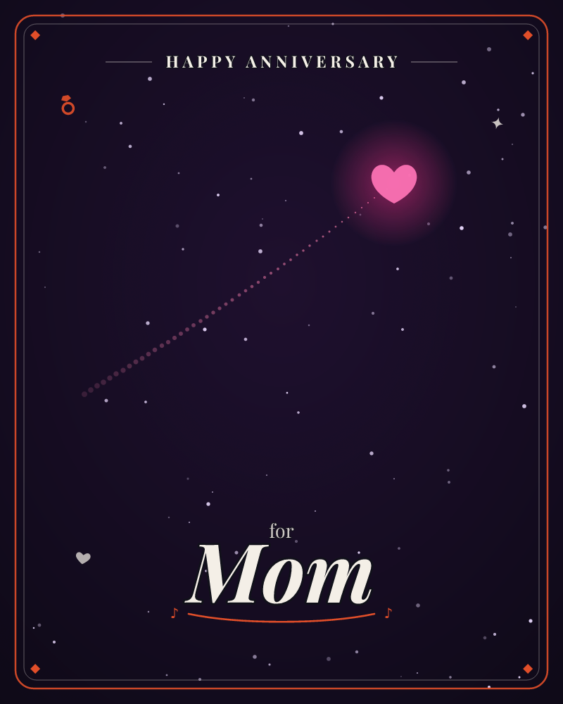 A glowing pink heart hangs like a star in a deep night sky, trailing a dotted line as if it shot across the darkness like a comet, a anniversary e-card design by @DittyCityTeam