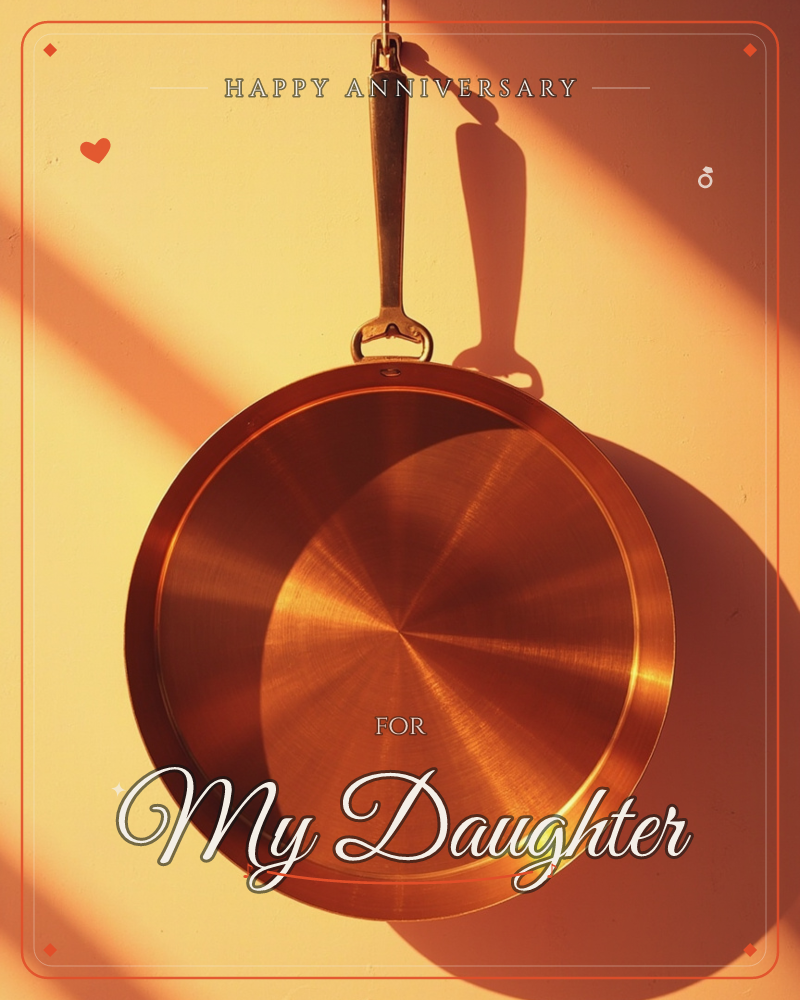 A copper frying pan hangs from a hook against a warm painted wall, its polished surface catching late-afternoon sun in radiating brushed lines, a anniversary e-card design