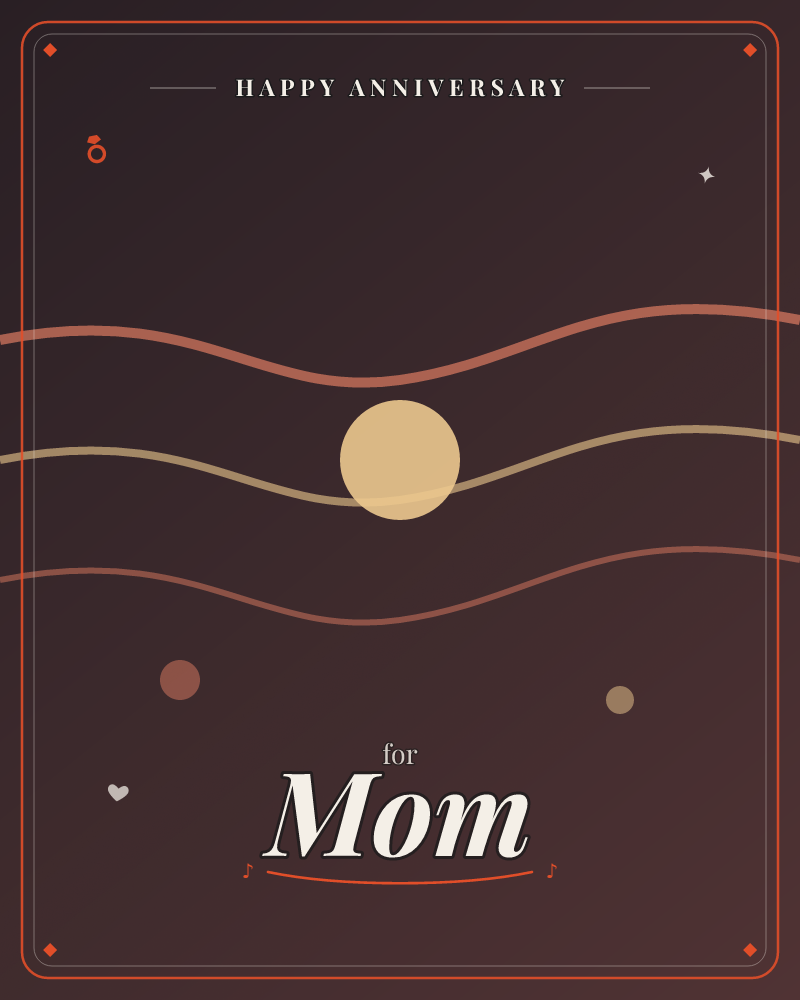 A pale gold moon sits low against a deep maroon-black sky, crossed by three gentle wavy lines in rust and tan like distant horizons or ripples, a anniversary e-card design by @DittyCityTeam