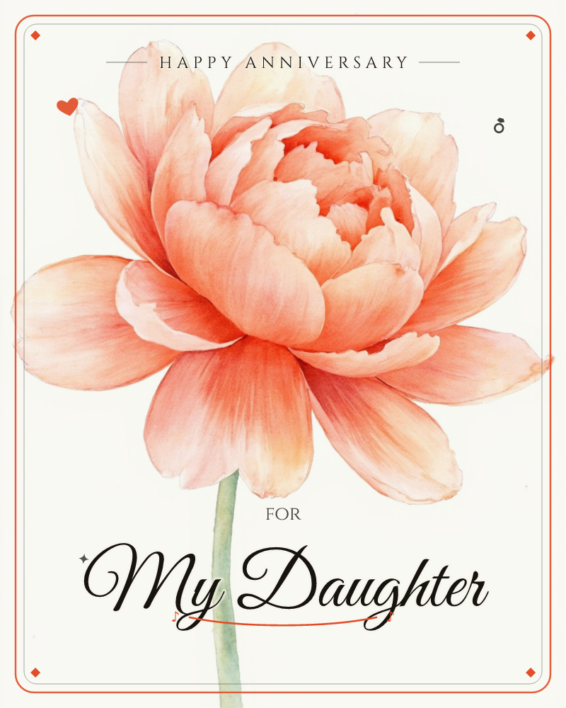 A single peony bloom fills the page, its layered coral and peach petals opening around a ruffled, deeper-toned centre, a anniversary e-card design