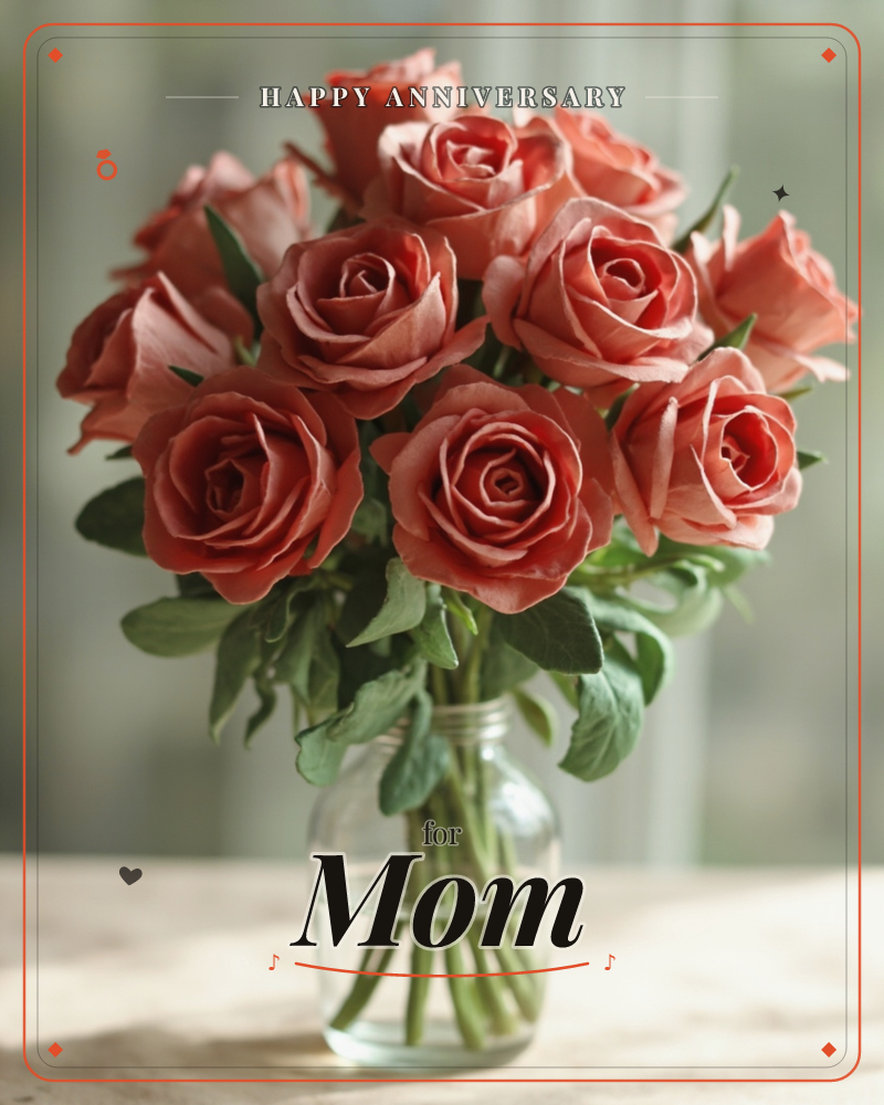A cluster of coral-pink roses sits gathered in a plain glass jar, their stems visible through the water, a anniversary e-card design