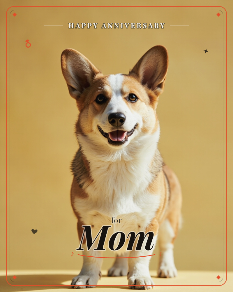 A corgi sits alert against a warm mustard-yellow backdrop, ears pricked and mouth open in a happy grin, a anniversary e-card design