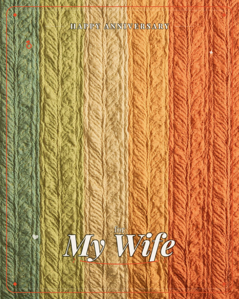 The card shows a close-up of chunky cable-knit wool, its ribbed braid pattern running in vertical stripes that shift from sage green through cream and…, a anniversary e-card design