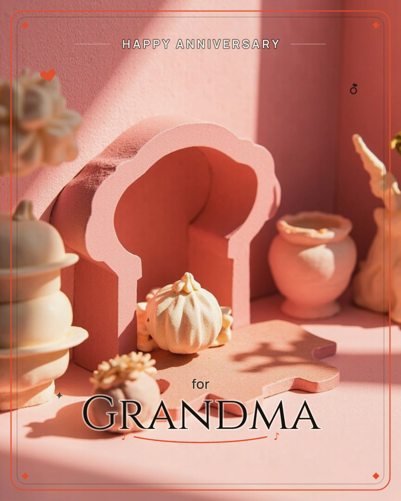 A softly lit still life in shades of blush and terracotta, with a scalloped archway shape standing on a stone-like plinth beside small sculpted vessels…, a anniversary e-card design
