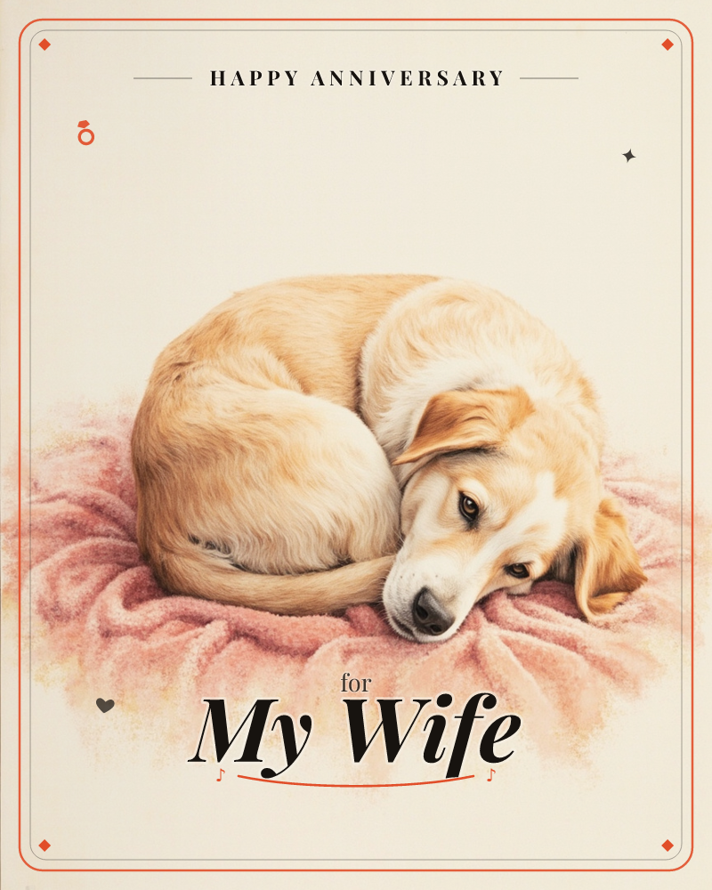 A golden-furred dog lies curled nose to tail on a soft pink cushion, its head resting flat with big watchful eyes looking out, a anniversary e-card design